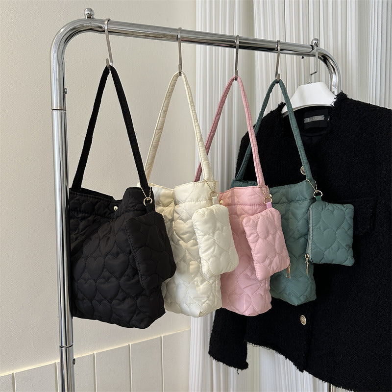 2024 Autumn and Winter New Small Fresh Solid Color Tote Bag Women's Korean Style Fashionable Love Embossed Shoulder Bag Women's Bag Wholesale
