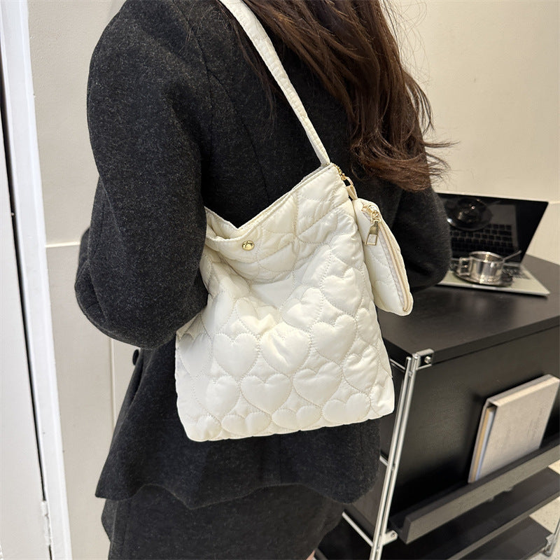 2024 Autumn and Winter New Small Fresh Solid Color Tote Bag Women's Korean Style Fashionable Love Embossed Shoulder Bag Women's Bag Wholesale