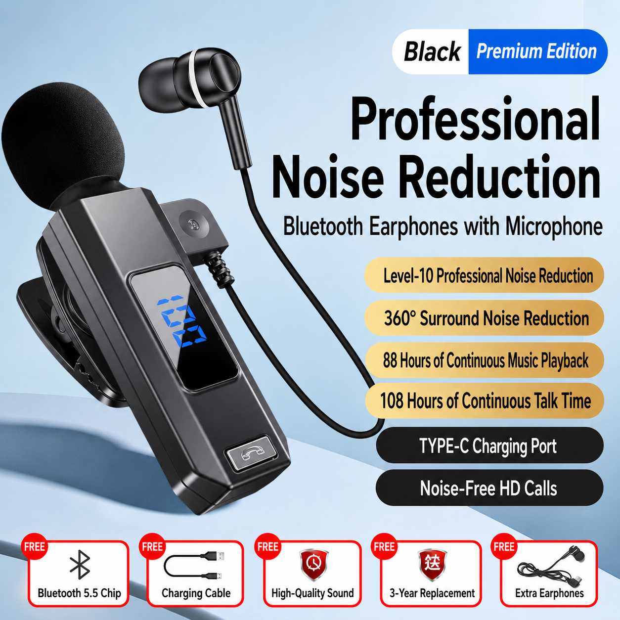 Microphone Earphones Bluetooth Wireless Sports Clip-On Style for Cycling, Driving, Calling