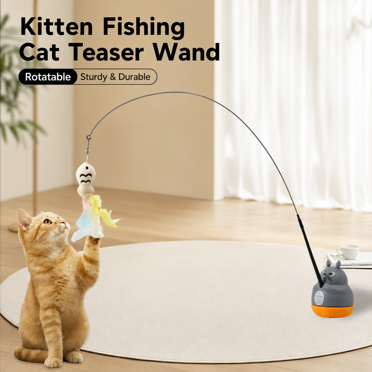 Kitten Fishing Cat Teaser Stick, Rotatable Self-Entertainment Feather Cat Teaser Stick