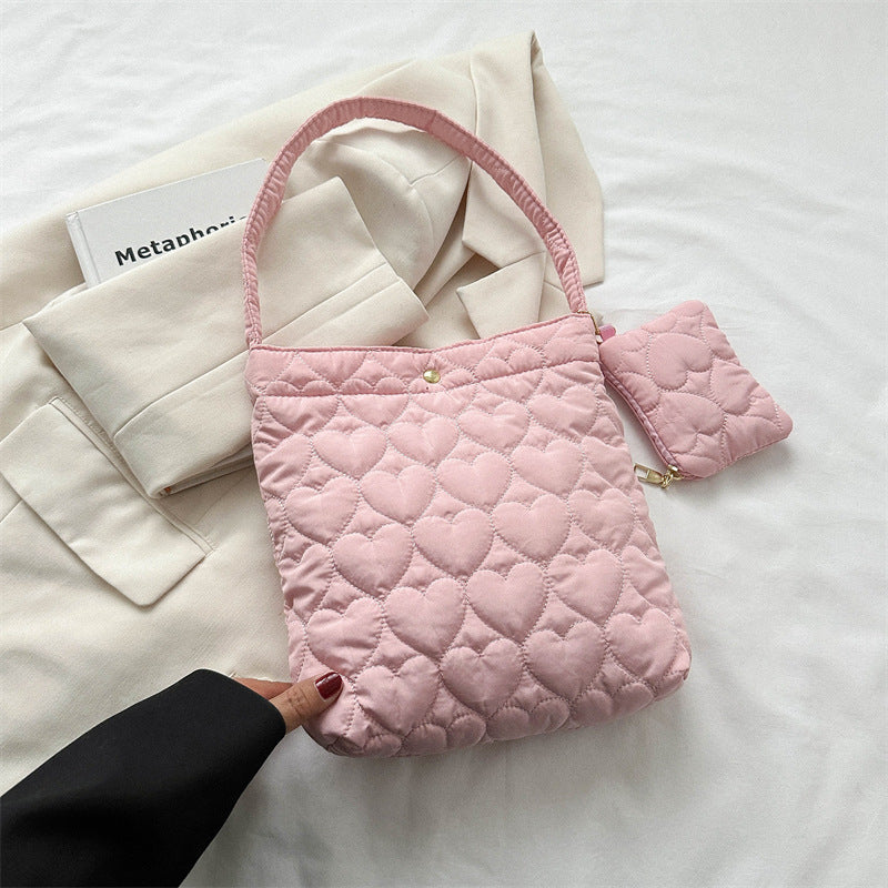 2024 Autumn and Winter New Small Fresh Solid Color Tote Bag Women's Korean Style Fashionable Love Embossed Shoulder Bag Women's Bag Wholesale