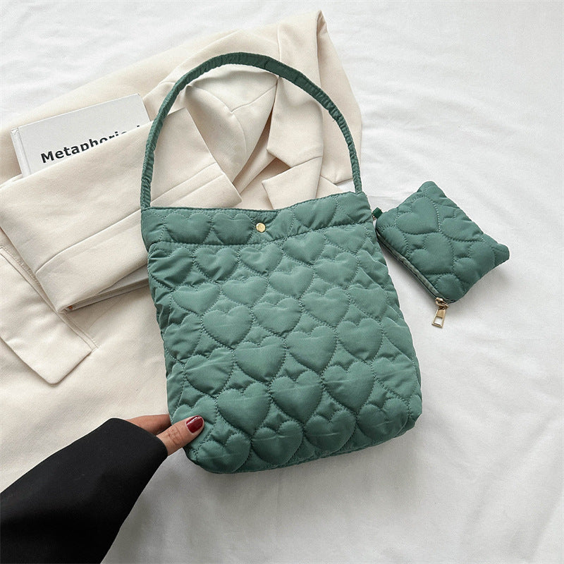 2024 Autumn and Winter New Small Fresh Solid Color Tote Bag Women's Korean Style Fashionable Love Embossed Shoulder Bag Women's Bag Wholesale