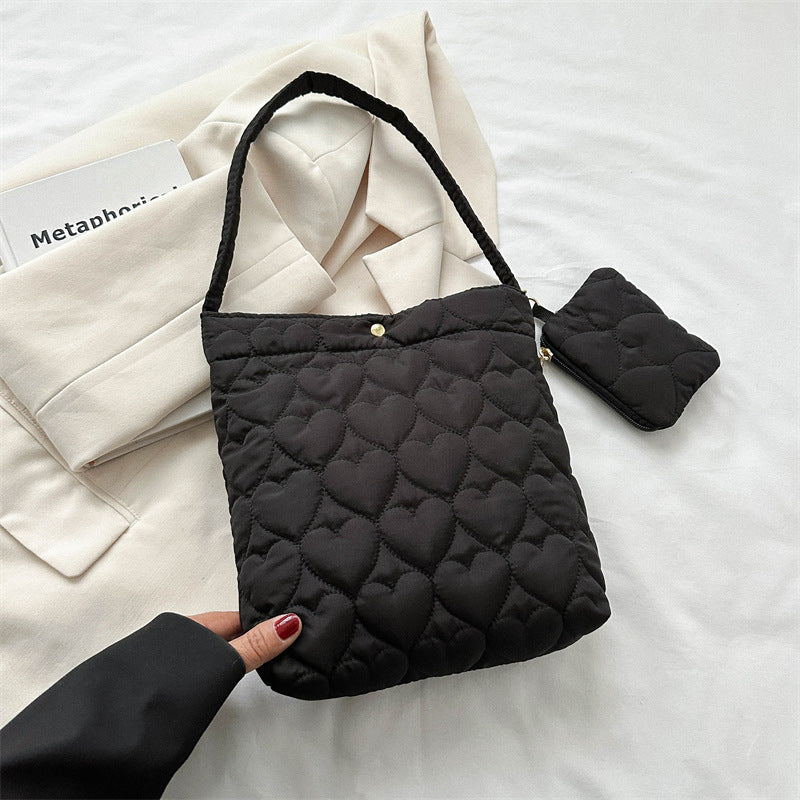 2024 Autumn and Winter New Small Fresh Solid Color Tote Bag Women's Korean Style Fashionable Love Embossed Shoulder Bag Women's Bag Wholesale