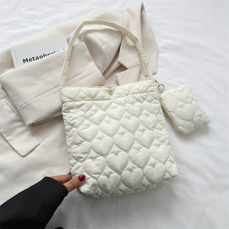 2024 Autumn and Winter New Small Fresh Solid Color Tote Bag Women's Korean Style Fashionable Love Embossed Shoulder Bag Women's Bag Wholesale